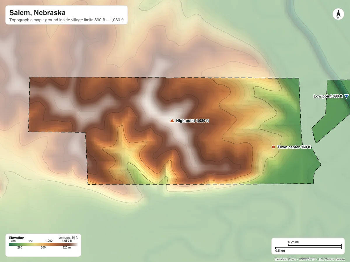 Topographic elevation map of Salem, Nebraska, shaded from 890 ft on the northeast side to 1,080 ft on the west side