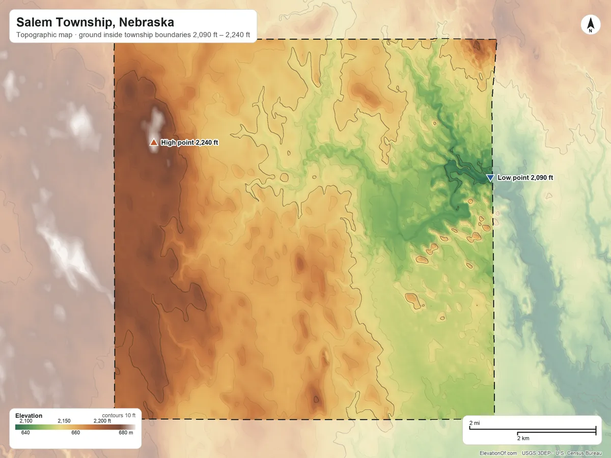 Topographic elevation map of Salem Township, Nebraska, shaded from 2,090 ft on the east side to 2,240 ft on the west side