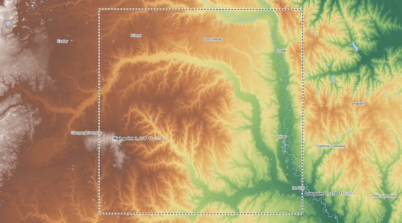 Topographic elevation map of Saline County, Nebraska, shaded from 1,270 ft on the southeast side to 1,660 ft on the west side
