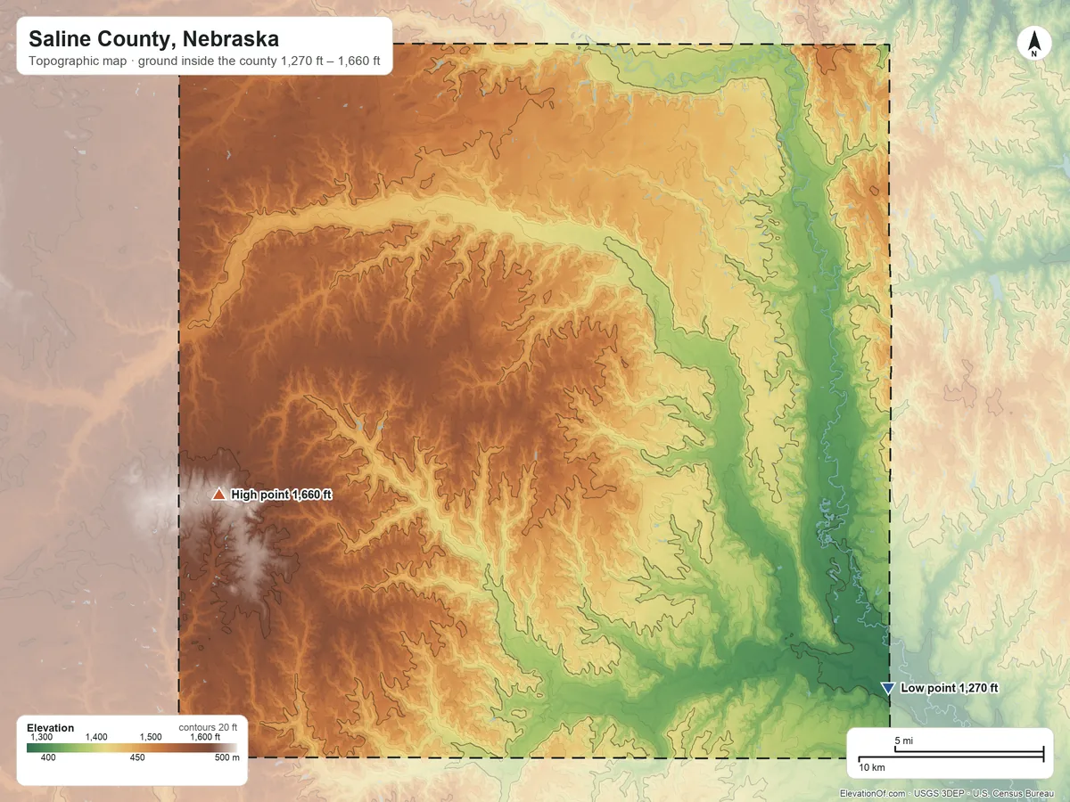 Topographic elevation map of Saline County, Nebraska, shaded from 1,270 ft on the southeast side to 1,660 ft on the west side