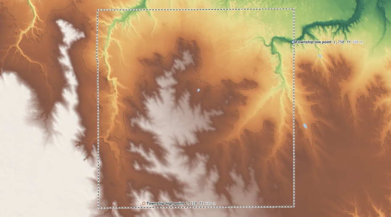 Topographic elevation map of Sand Creek Township, Nebraska, shaded from 1,750 ft on the northeast side to 2,110 ft on the southwest side