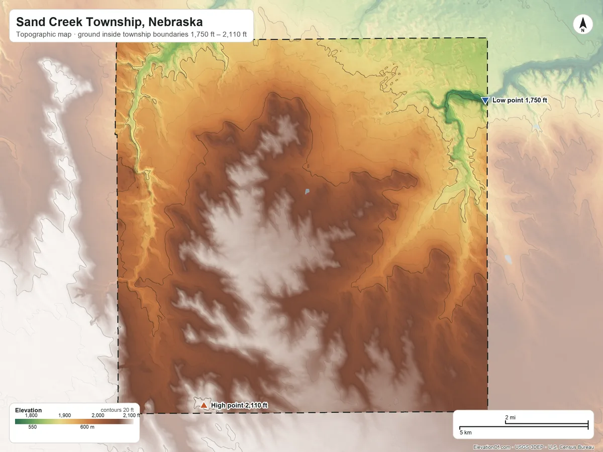 Topographic elevation map of Sand Creek Township, Nebraska, shaded from 1,750 ft on the northeast side to 2,110 ft on the southwest side