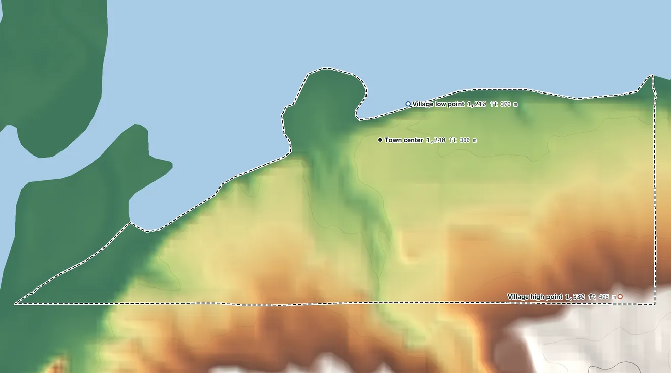 Topographic elevation map of Santee, Nebraska, shaded from 1,210 ft near the middle to 1,330 ft on the southeast edge, below higher ground just outside