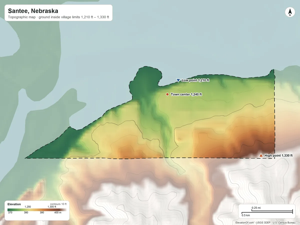 Topographic elevation map of Santee, Nebraska, shaded from 1,210 ft near the middle to 1,330 ft on the southeast edge, below higher ground just outside