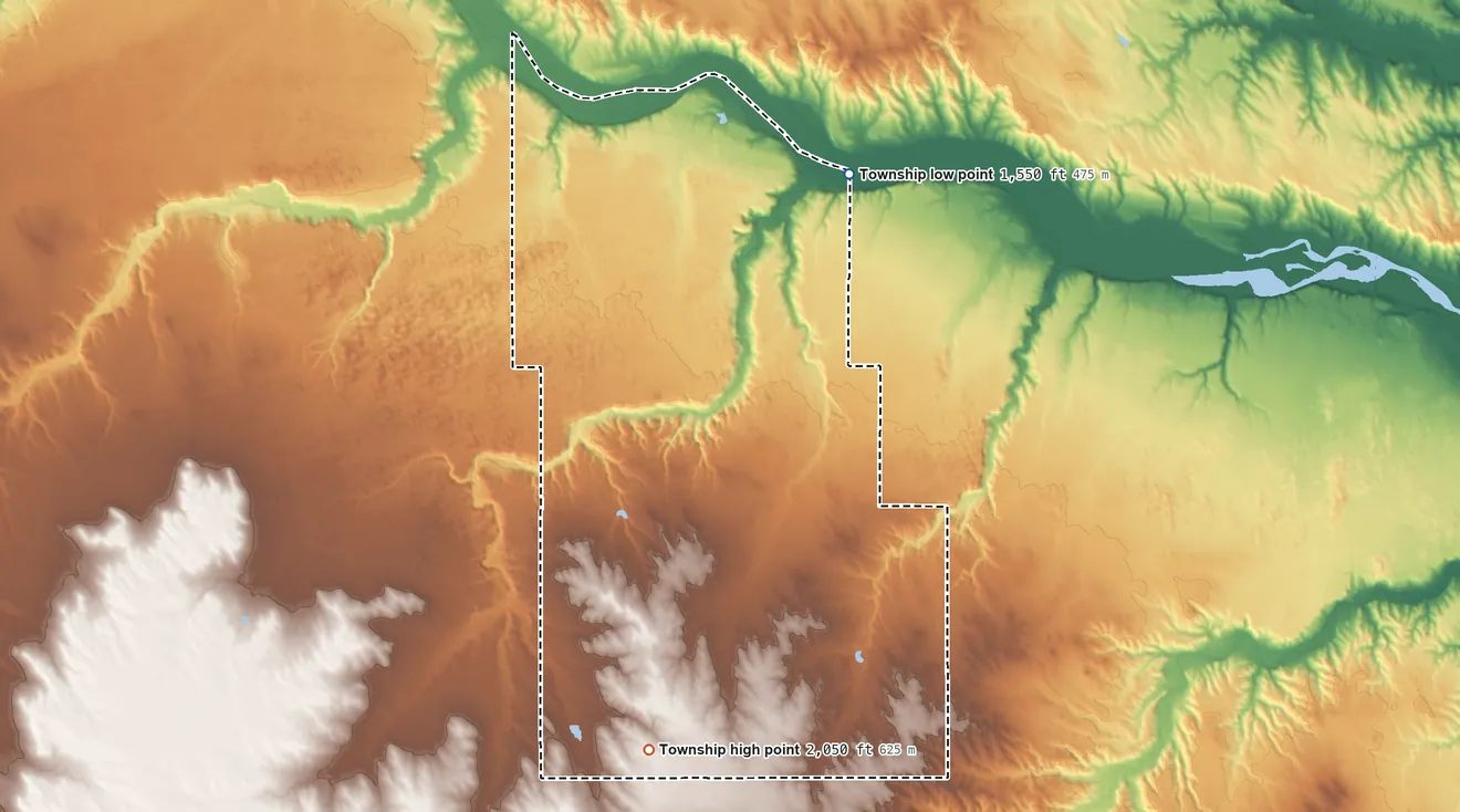 Topographic elevation map of Saratoga Township, Nebraska, shaded from 1,550 ft on the north side to 2,050 ft on the southwest side