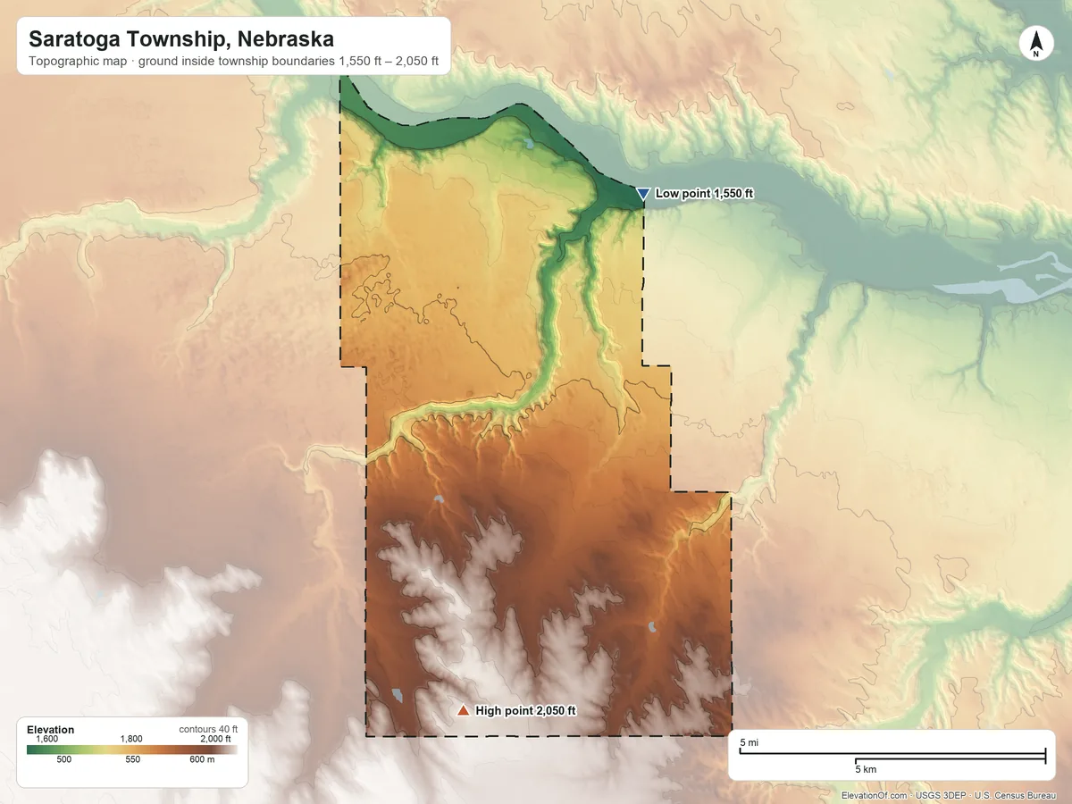 Topographic elevation map of Saratoga Township, Nebraska, shaded from 1,550 ft on the north side to 2,050 ft on the southwest side