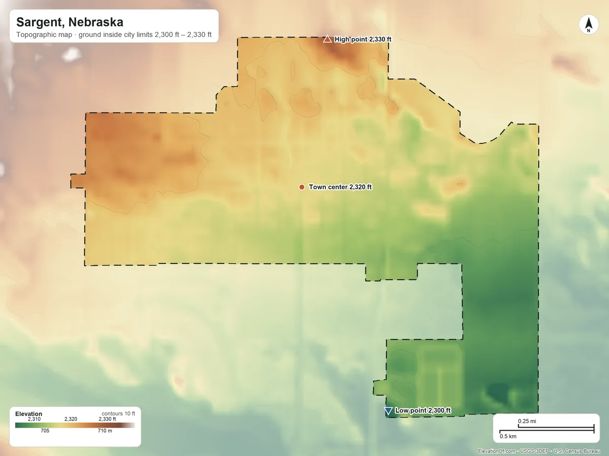 Topographic elevation map of Sargent, Nebraska, shaded from 2,300 ft on the south side to 2,330 ft on the north side