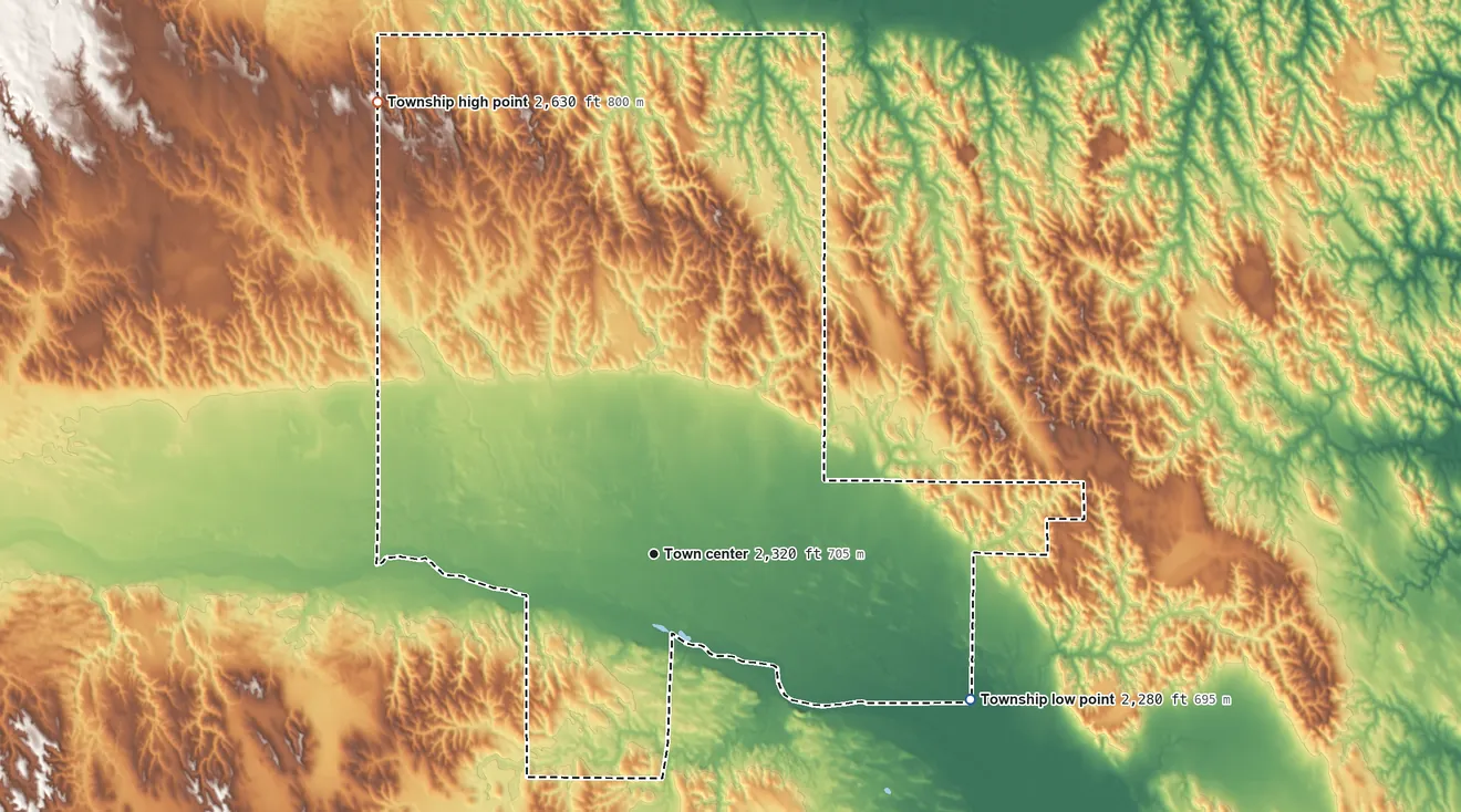 Topographic elevation map of Sargent Township, Nebraska, shaded from 2,280 ft on the southeast side to 2,630 ft on the northwest side