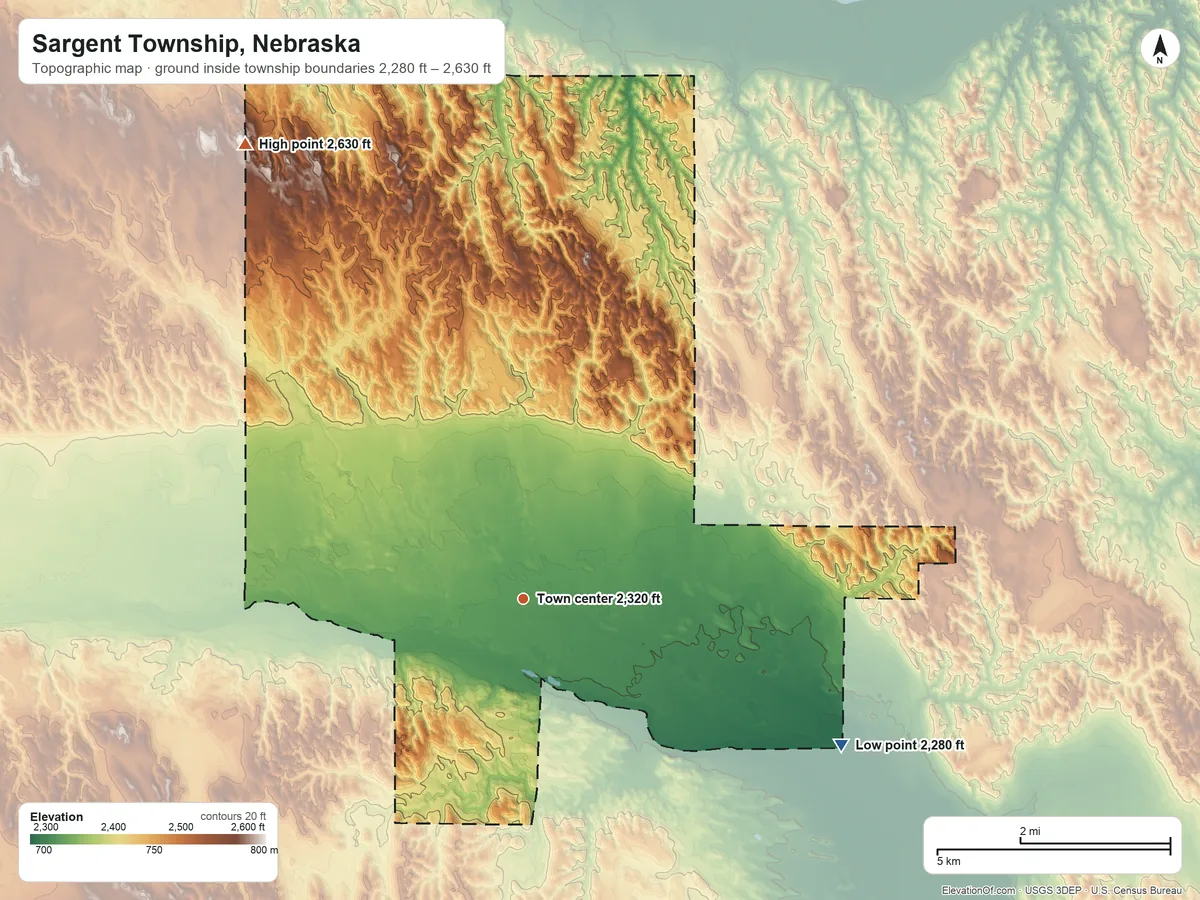Topographic elevation map of Sargent Township, Nebraska, shaded from 2,280 ft on the southeast side to 2,630 ft on the northwest side