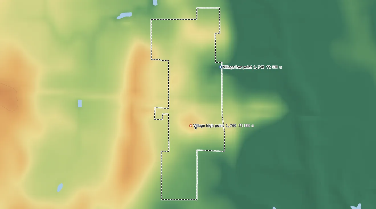 Topographic elevation map of Saronville, Nebraska, shaded from 1,740 ft on the north side to 1,760 ft near the middle