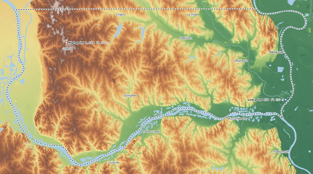 Topographic elevation map of Sarpy County, Nebraska, shaded from 950 ft on the east side to 1,310 ft on the northwest side