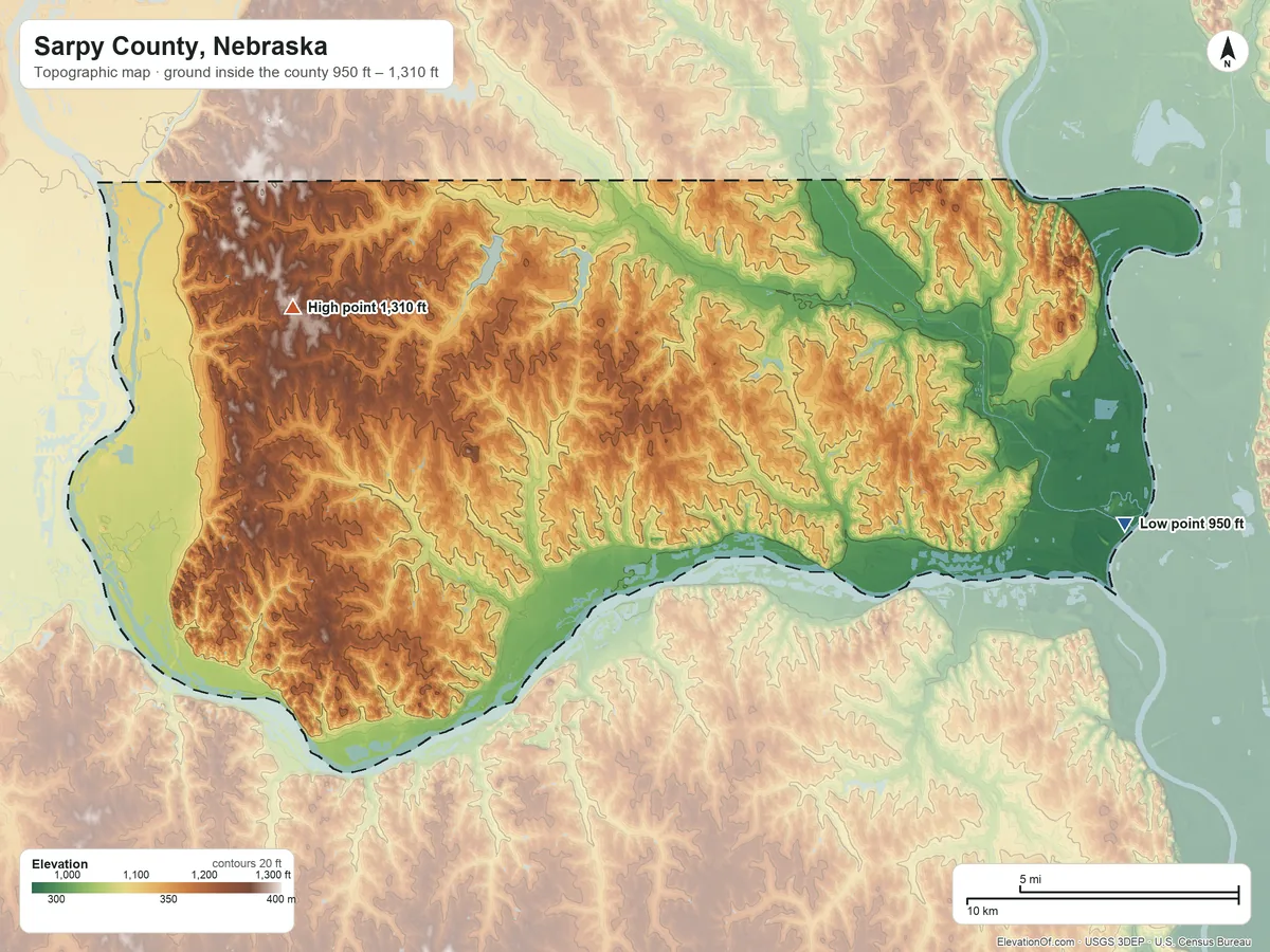 Topographic elevation map of Sarpy County, Nebraska, shaded from 950 ft on the east side to 1,310 ft on the northwest side