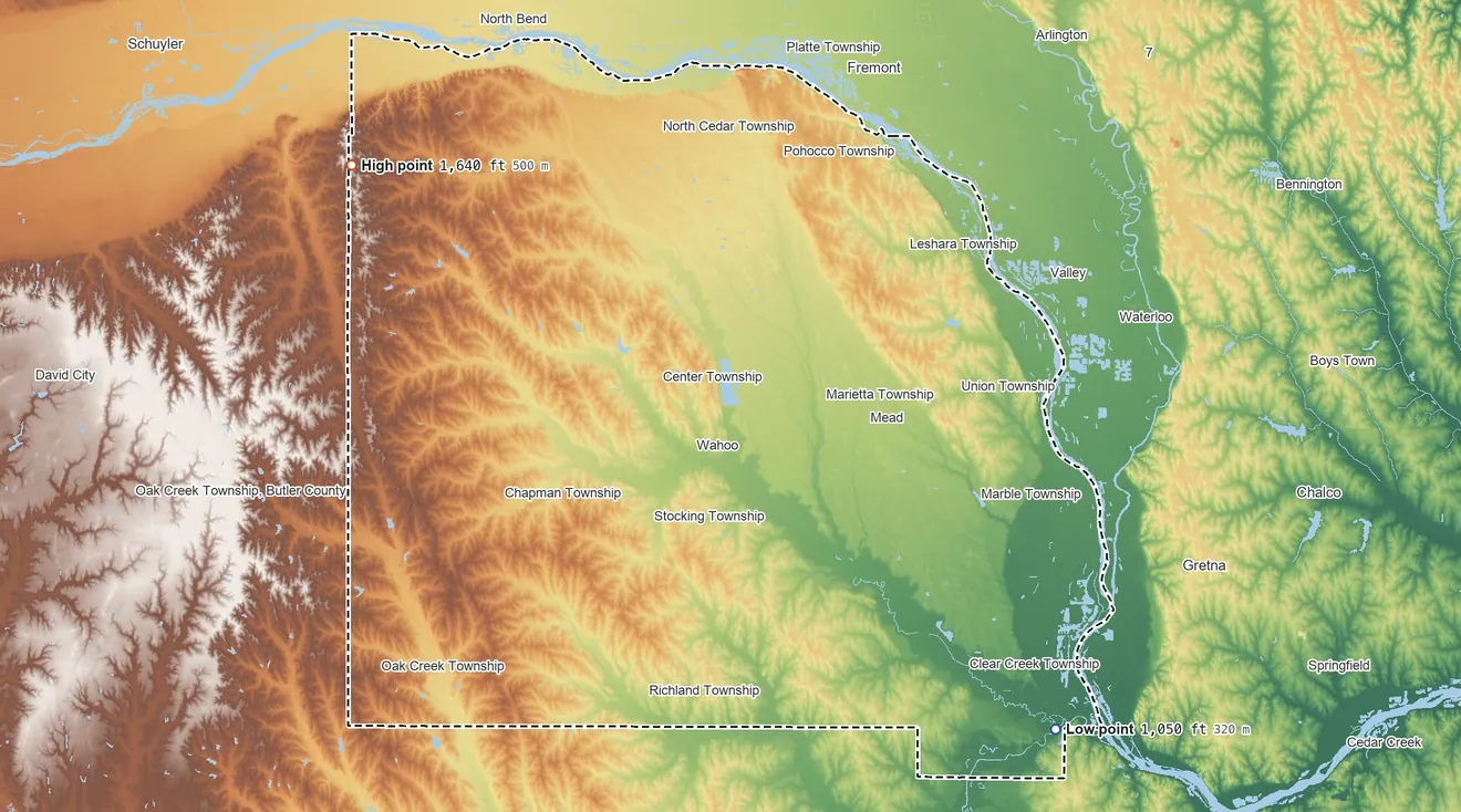 Topographic elevation map of Saunders County, Nebraska, shaded from 1,050 ft on the southeast side to 1,640 ft on the northwest side