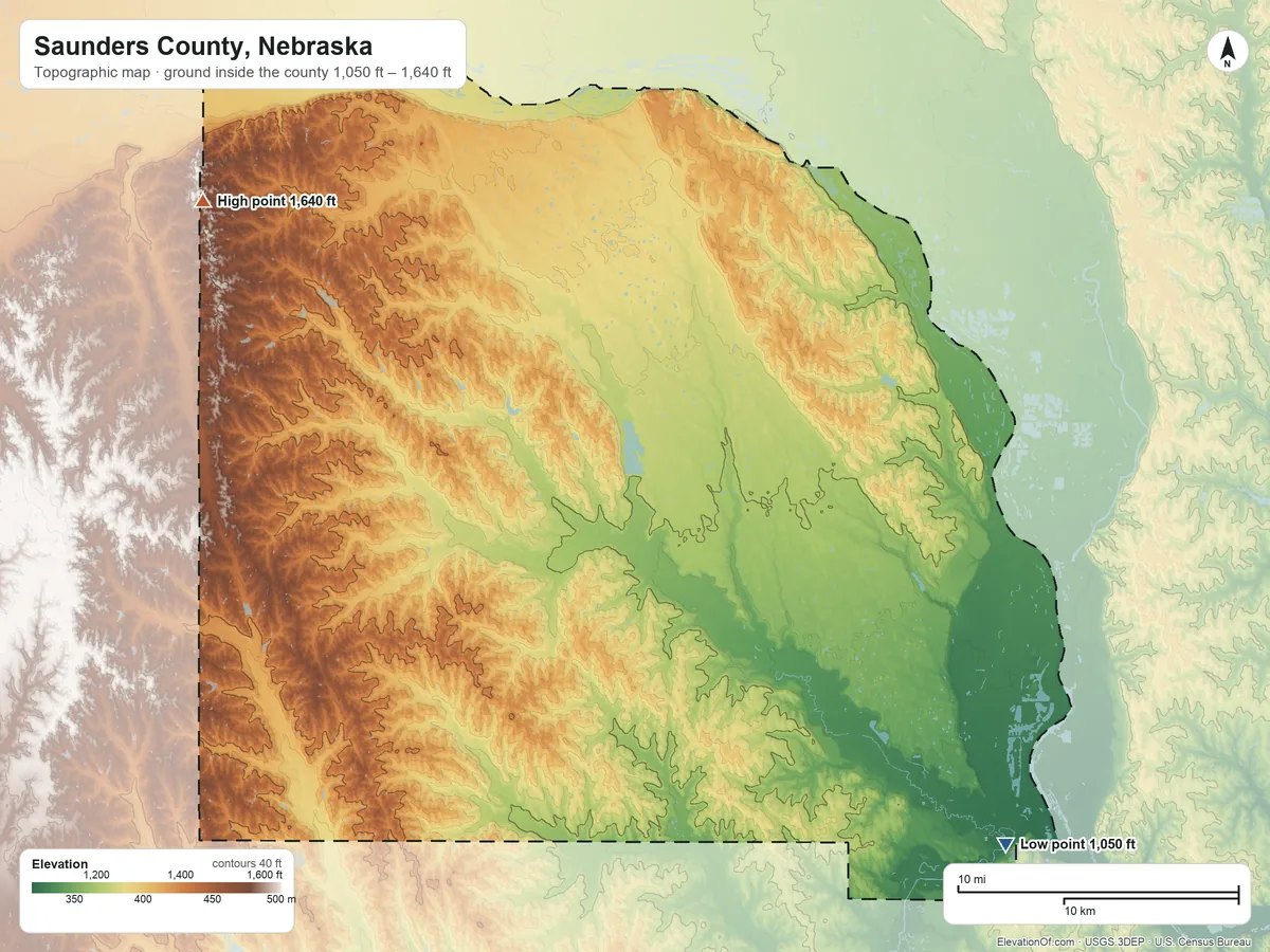 Topographic elevation map of Saunders County, Nebraska, shaded from 1,050 ft on the southeast side to 1,640 ft on the northwest side