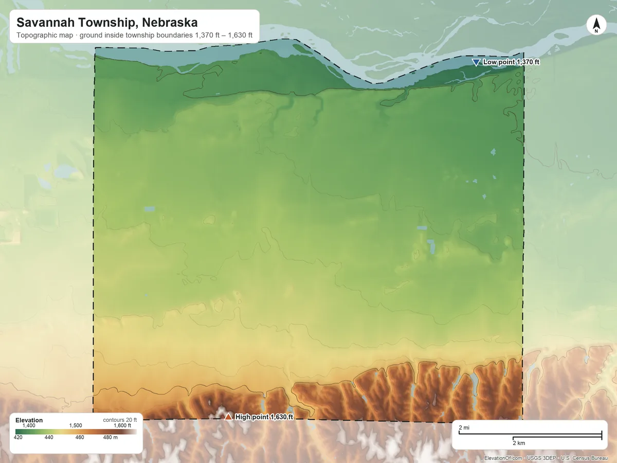 Topographic elevation map of Savannah Township, Nebraska, shaded from 1,370 ft on the northeast side to 1,630 ft on the south side