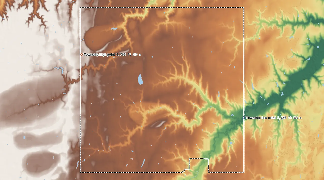 Topographic elevation map of School Creek Township, Nebraska, shaded from 1,650 ft on the east side to 1,760 ft on the northwest side