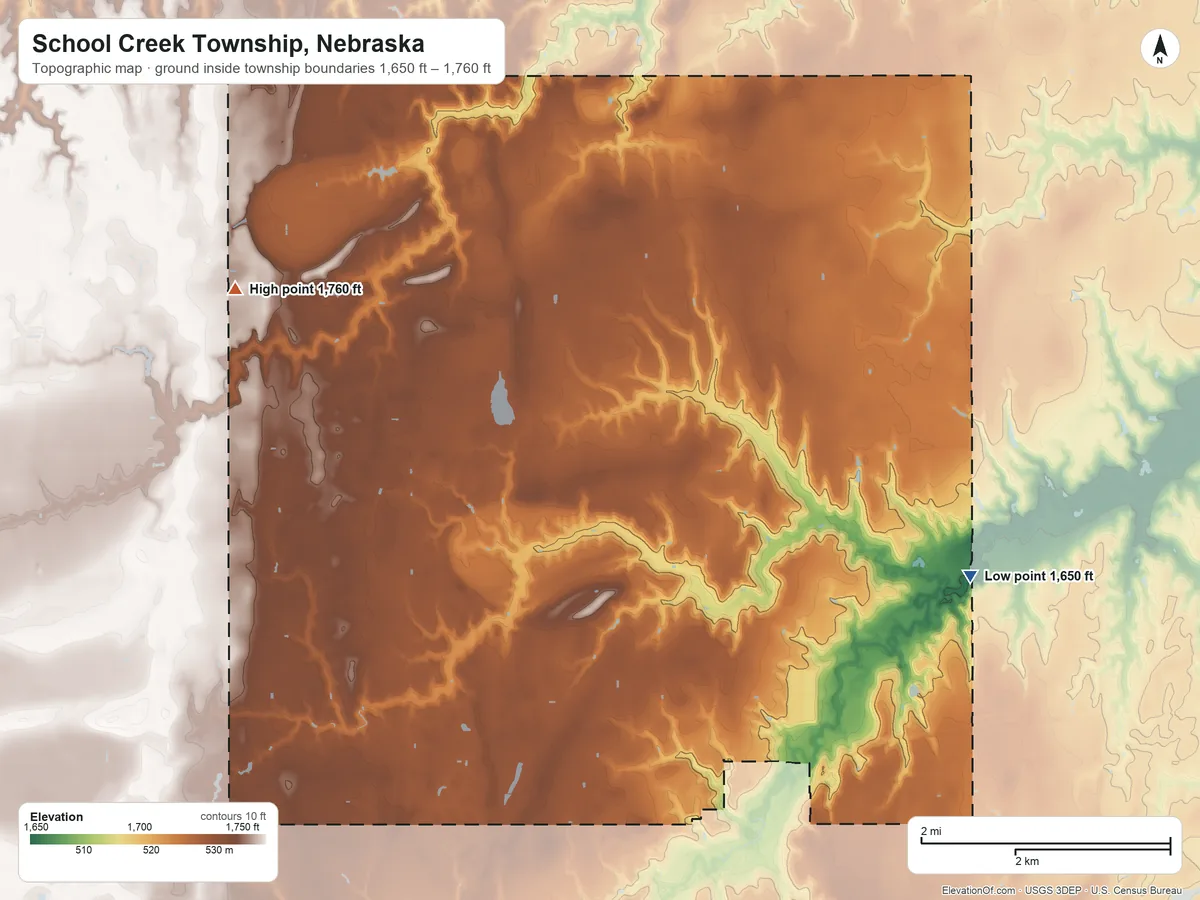 Topographic elevation map of School Creek Township, Nebraska, shaded from 1,650 ft on the east side to 1,760 ft on the northwest side
