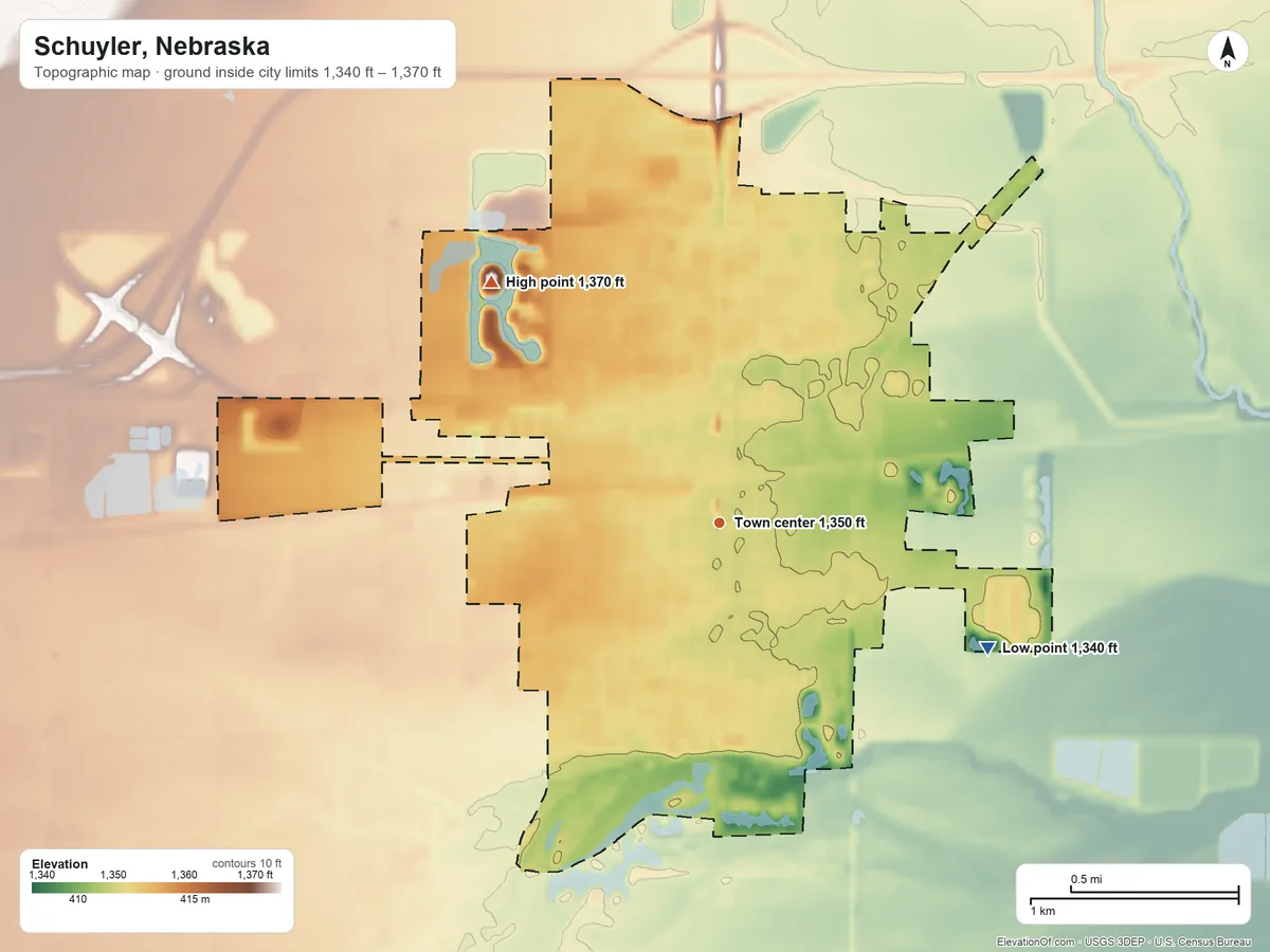 Topographic elevation map of Schuyler, Nebraska, shaded from 1,340 ft on the southeast side to 1,370 ft on the northwest side