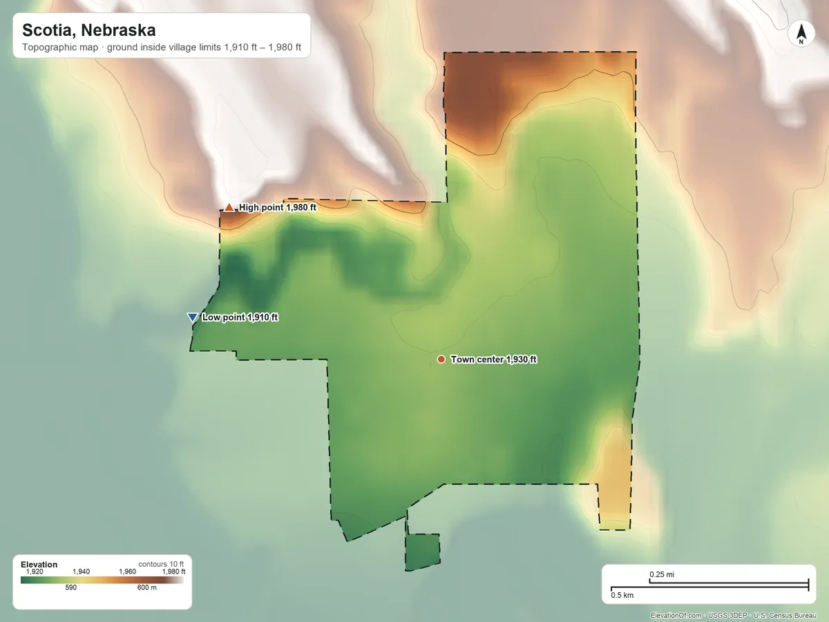 Topographic elevation map of Scotia, Nebraska, shaded from 1,910 ft on the west side to 1,980 ft on the northwest side