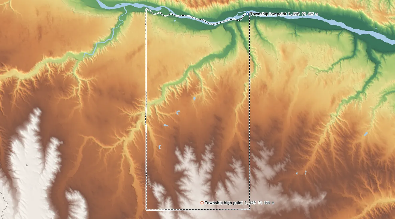 Topographic elevation map of Scott Township, Nebraska, shaded from 1,390 ft on the northeast side to 1,940 ft on the south side