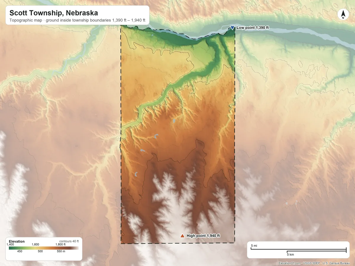 Topographic elevation map of Scott Township, Nebraska, shaded from 1,390 ft on the northeast side to 1,940 ft on the south side