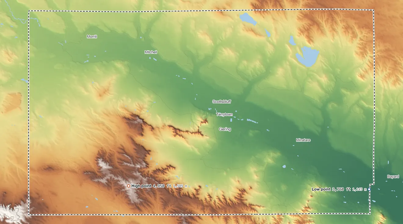 Topographic elevation map of Scotts Bluff County, Nebraska, shaded from 3,760 ft on the southeast side to 4,950 ft on the southwest side