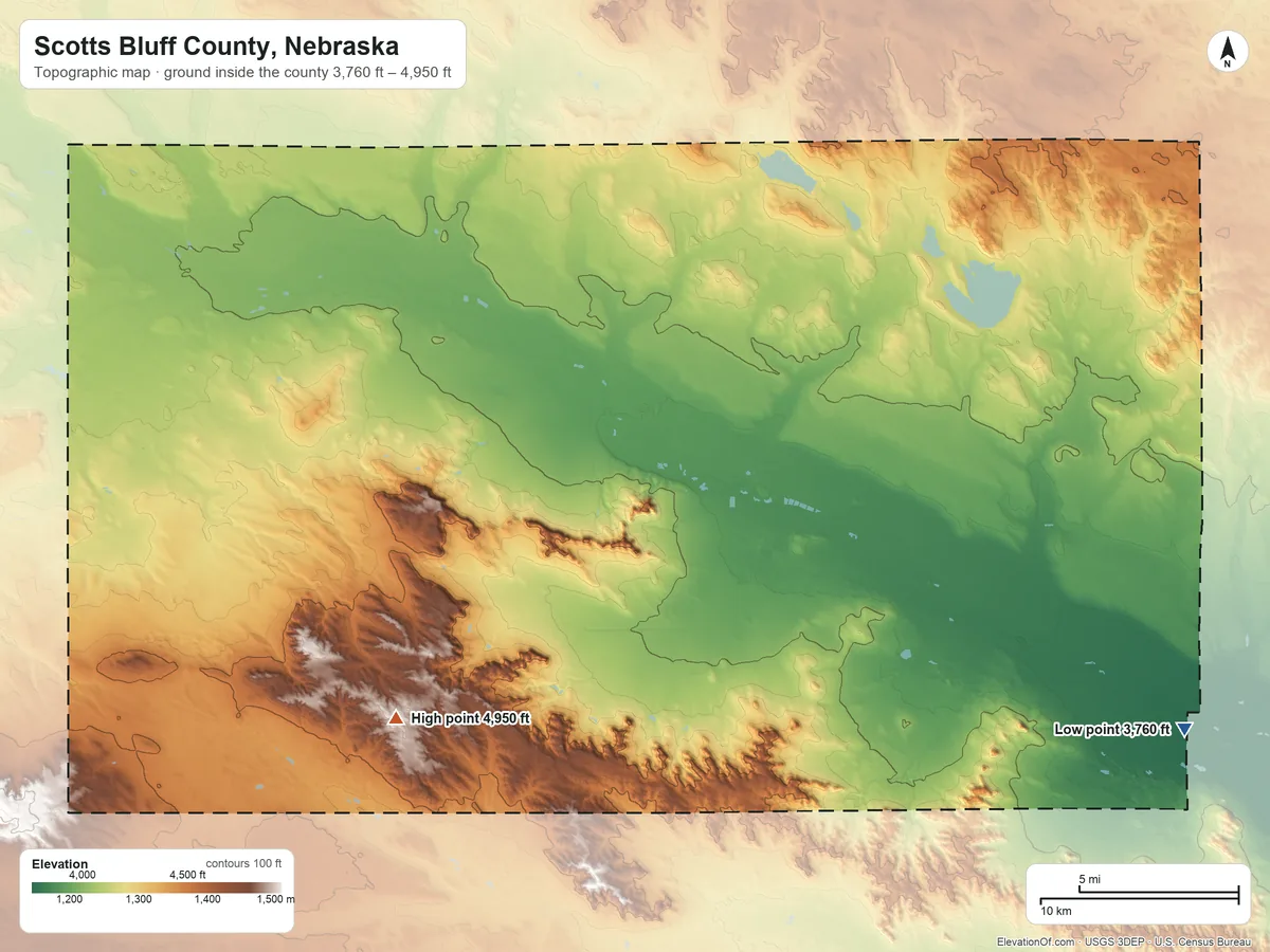 Topographic elevation map of Scotts Bluff County, Nebraska, shaded from 3,760 ft on the southeast side to 4,950 ft on the southwest side