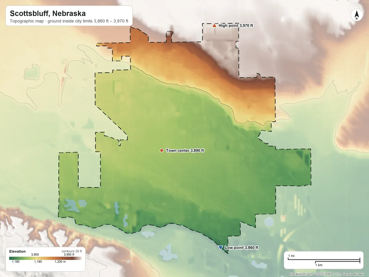 Topographic elevation map of Scottsbluff, Nebraska, shaded from 3,860 ft on the southeast side to 3,970 ft on the northeast side