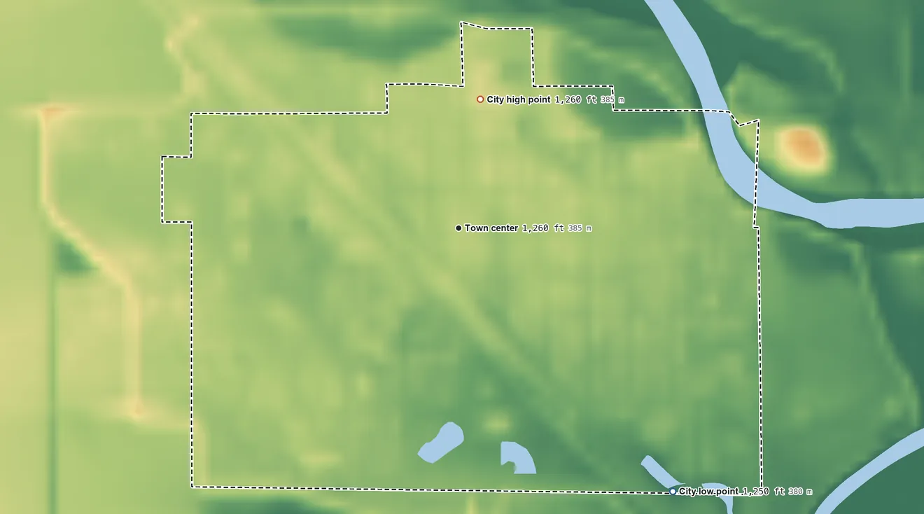 Topographic elevation map of Scribner, Nebraska, shaded from 1,250 ft on the southeast side to 1,260 ft on the north side