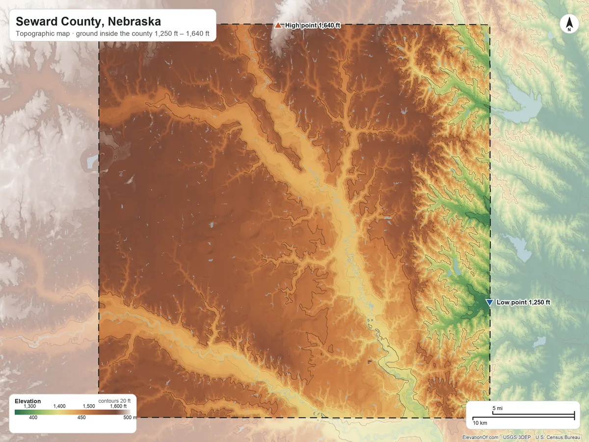Topographic elevation map of Seward County, Nebraska, shaded from 1,250 ft on the southeast side to 1,640 ft on the north side