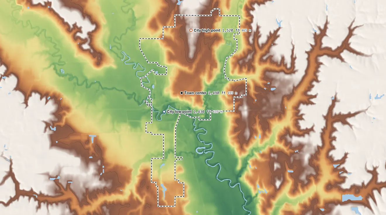 Topographic elevation map of Seward, Nebraska, shaded from 1,430 ft on the southwest side to 1,520 ft on the north side