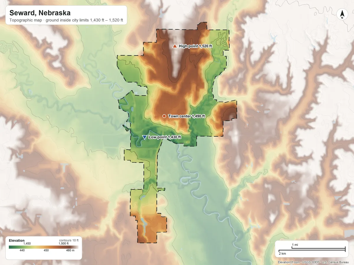 Topographic elevation map of Seward, Nebraska, shaded from 1,430 ft on the southwest side to 1,520 ft on the north side