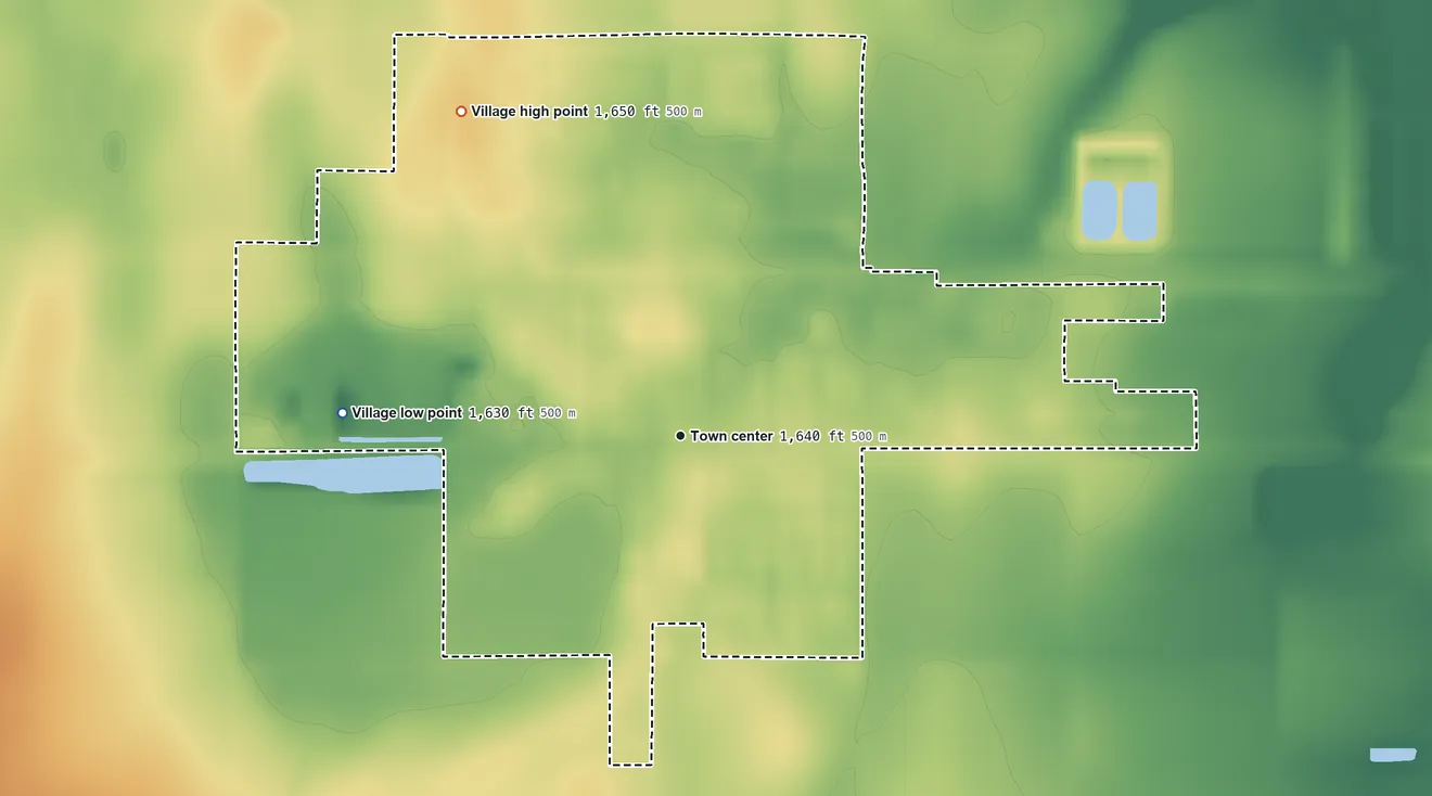 Topographic elevation map of Shelby, Nebraska, shaded from 1,630 ft on the west side to 1,650 ft on the northwest side