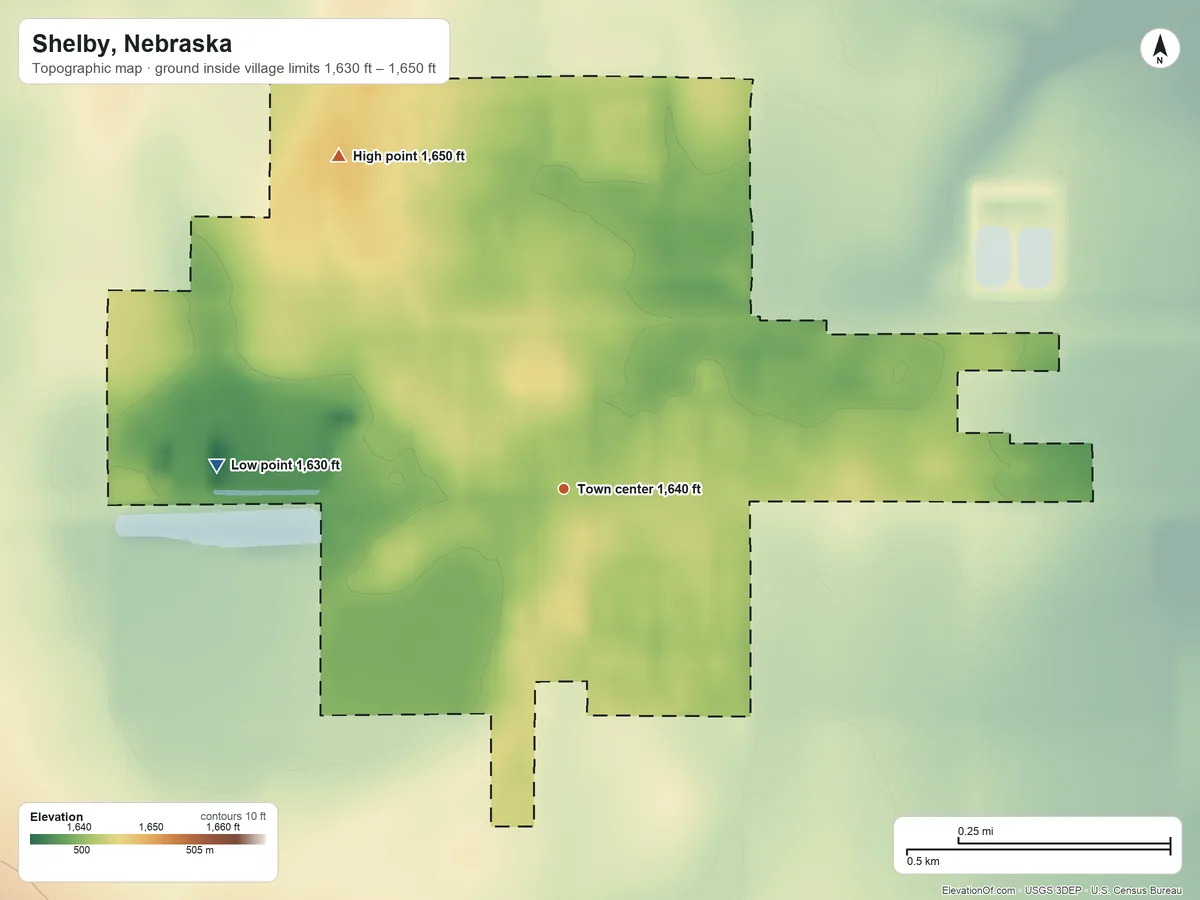 Topographic elevation map of Shelby, Nebraska, shaded from 1,630 ft on the west side to 1,650 ft on the northwest side