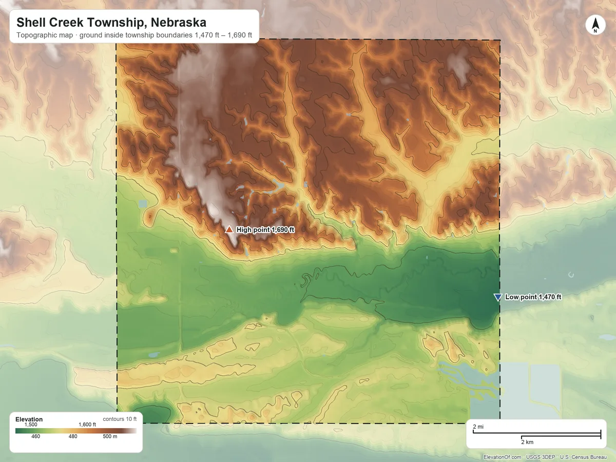 Topographic elevation map of Shell Creek Township, Nebraska, shaded from 1,470 ft on the east side to 1,690 ft on the northwest side