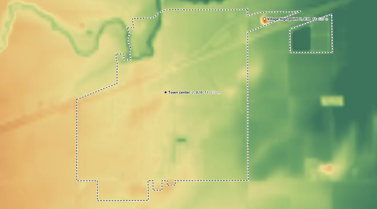 Topographic elevation map of Shelton, Nebraska, shaded from 2,010 ft on the northeast side to 2,030 ft on the northeast side
