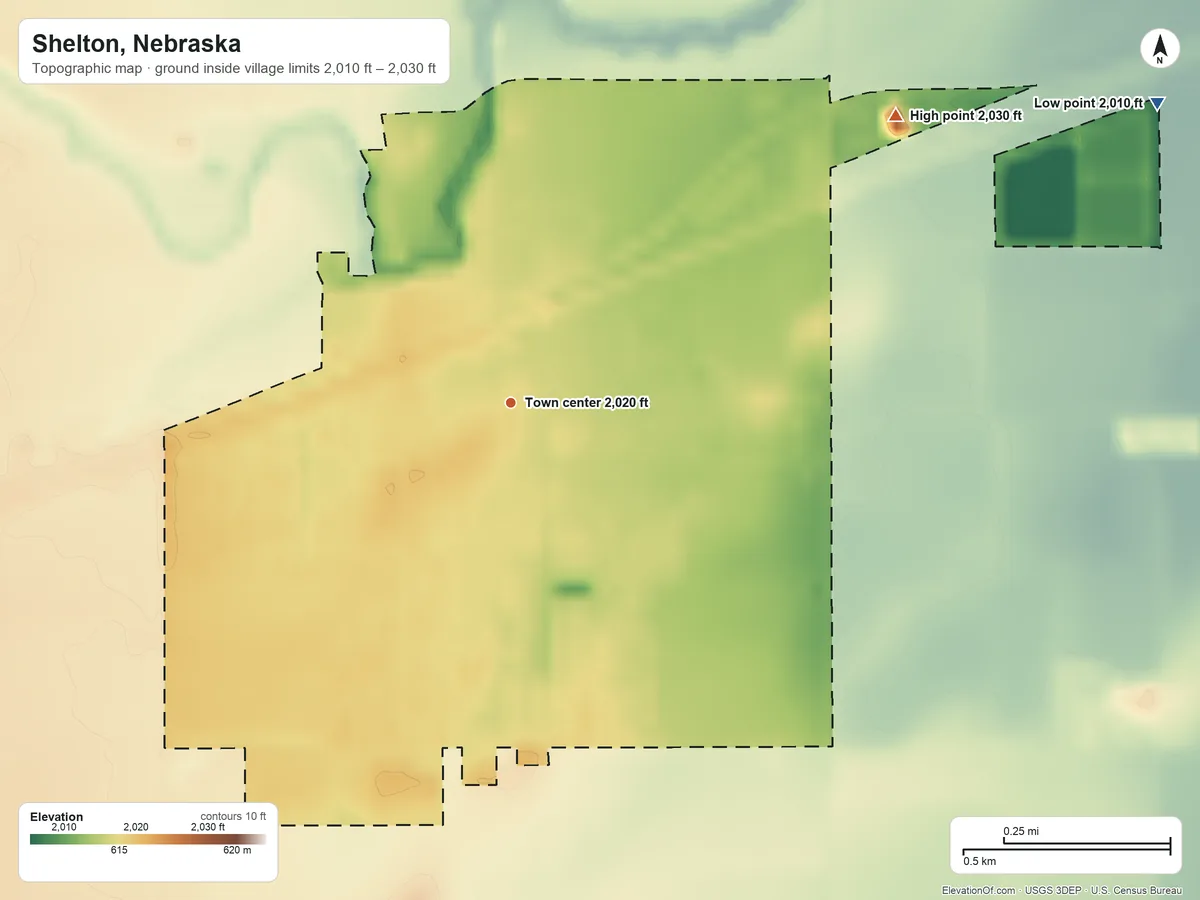 Topographic elevation map of Shelton, Nebraska, shaded from 2,010 ft on the northeast side to 2,030 ft on the northeast side