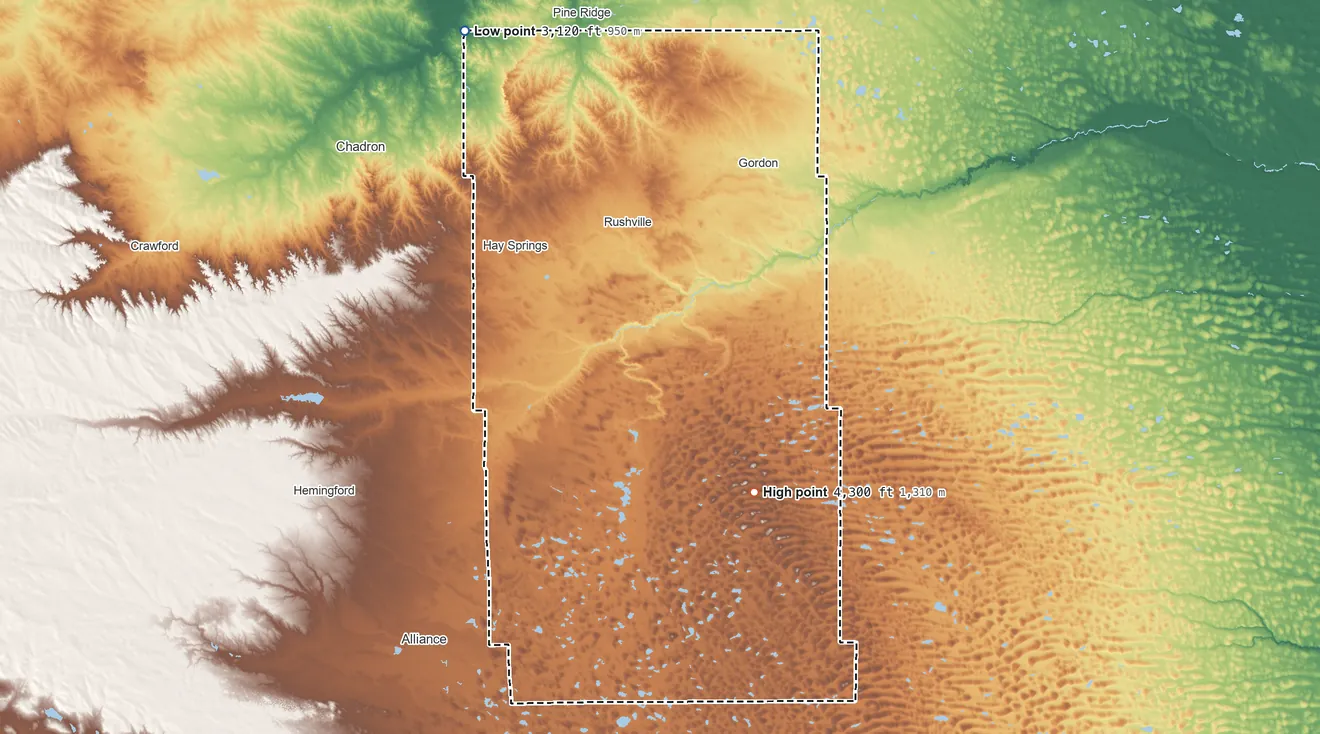 Topographic elevation map of Sheridan County, Nebraska, shaded from 3,120 ft on the northwest side to 4,300 ft on Argo Hill