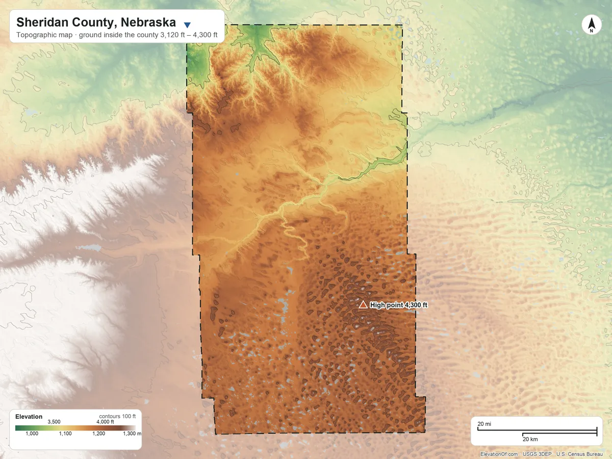 Topographic elevation map of Sheridan County, Nebraska, shaded from 3,120 ft on the northwest side to 4,300 ft on Argo Hill