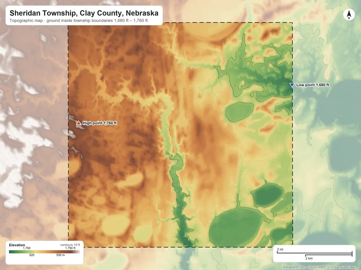 Topographic elevation map of Sheridan Township, Clay County, Nebraska, shaded from 1,680 ft on the northeast side to 1,760 ft on the west side