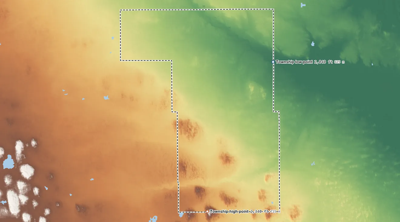 Topographic elevation map of Sheridan Township, Nebraska, shaded from 2,040 ft on the east side to 2,340 ft on the south side