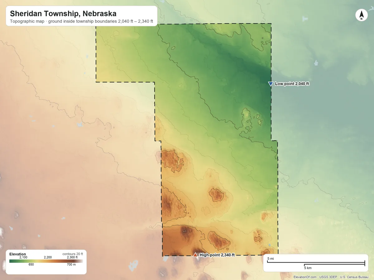 Topographic elevation map of Sheridan Township, Nebraska, shaded from 2,040 ft on the east side to 2,340 ft on the south side
