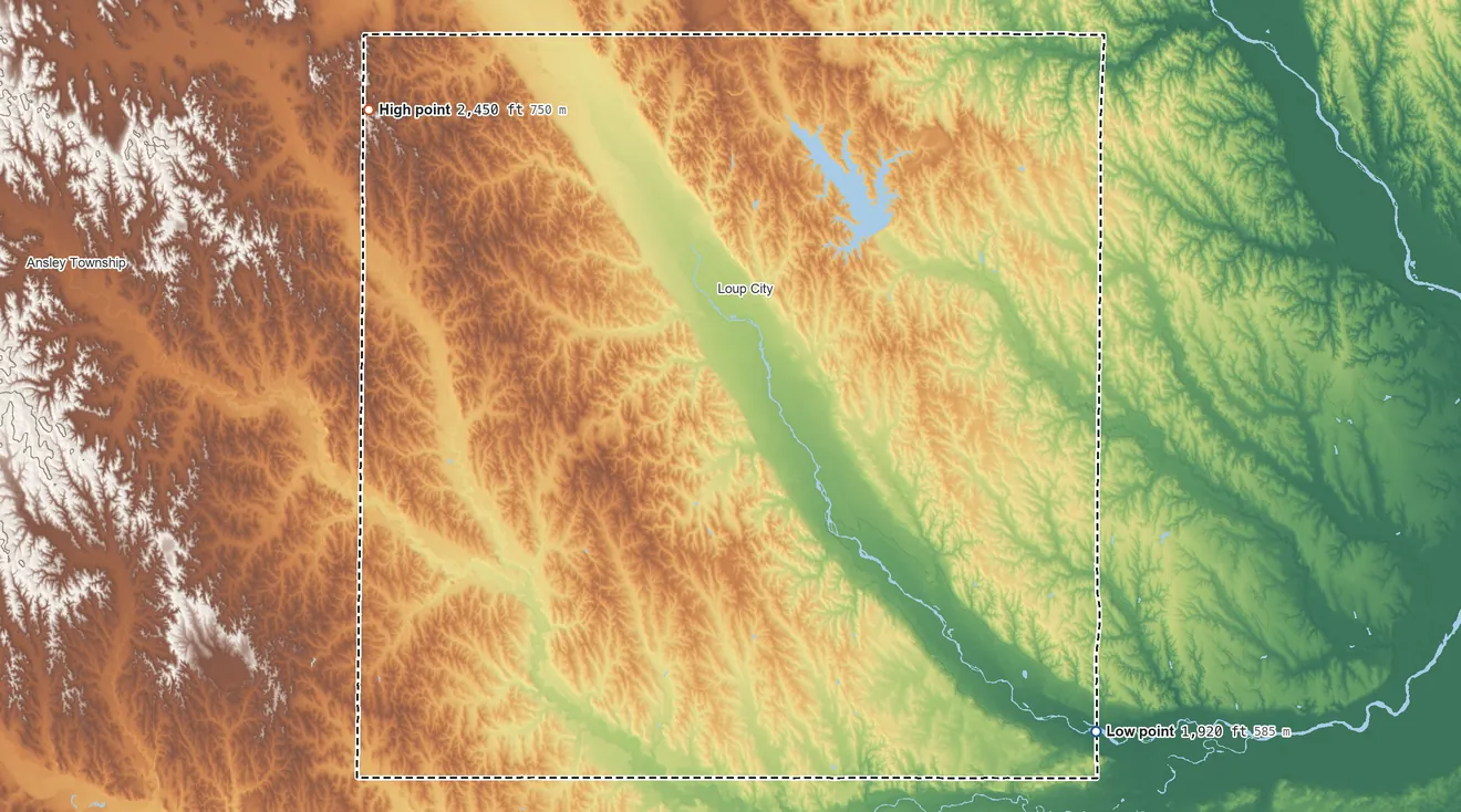 Topographic elevation map of Sherman County, Nebraska, shaded from 1,920 ft on the southeast side to 2,450 ft on the northwest side