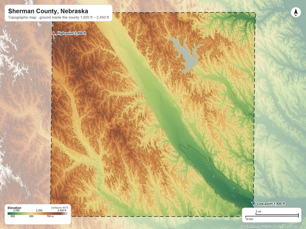Topographic elevation map of Sherman County, Nebraska, shaded from 1,920 ft on the southeast side to 2,450 ft on the northwest side