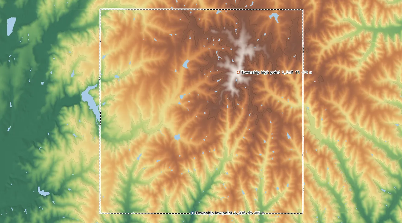 Topographic elevation map of Sherman Township, Gage County, Nebraska, shaded from 1,330 ft on the south side to 1,540 ft on the east side