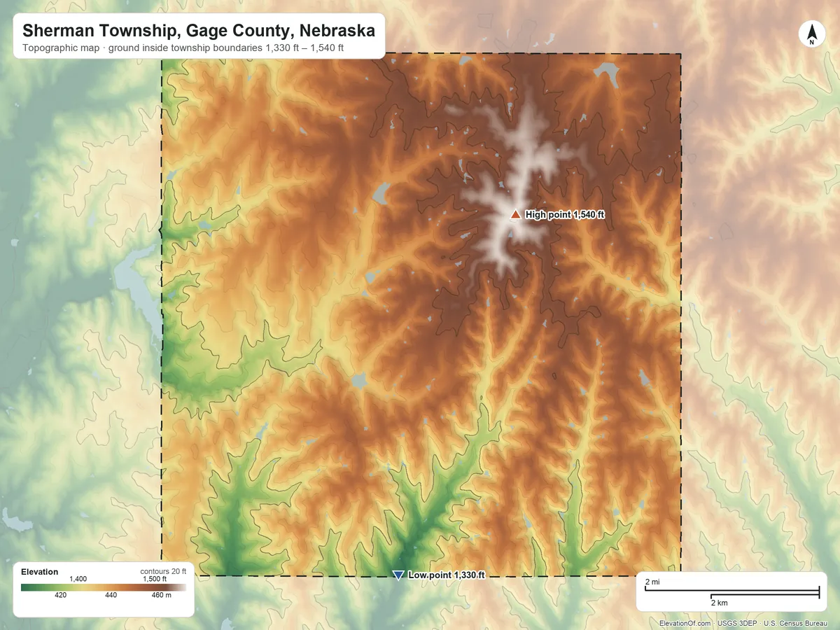 Topographic elevation map of Sherman Township, Gage County, Nebraska, shaded from 1,330 ft on the south side to 1,540 ft on the east side