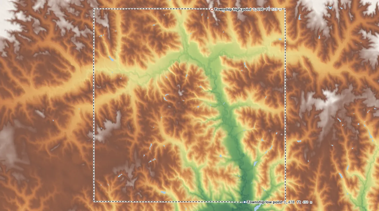 Topographic elevation map of Sherman Township, Platte County, Nebraska, shaded from 1,470 ft on the southeast side to 1,690 ft on the north side