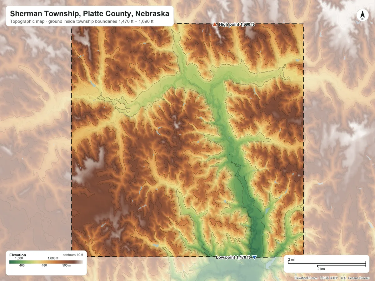 Topographic elevation map of Sherman Township, Platte County, Nebraska, shaded from 1,470 ft on the southeast side to 1,690 ft on the north side
