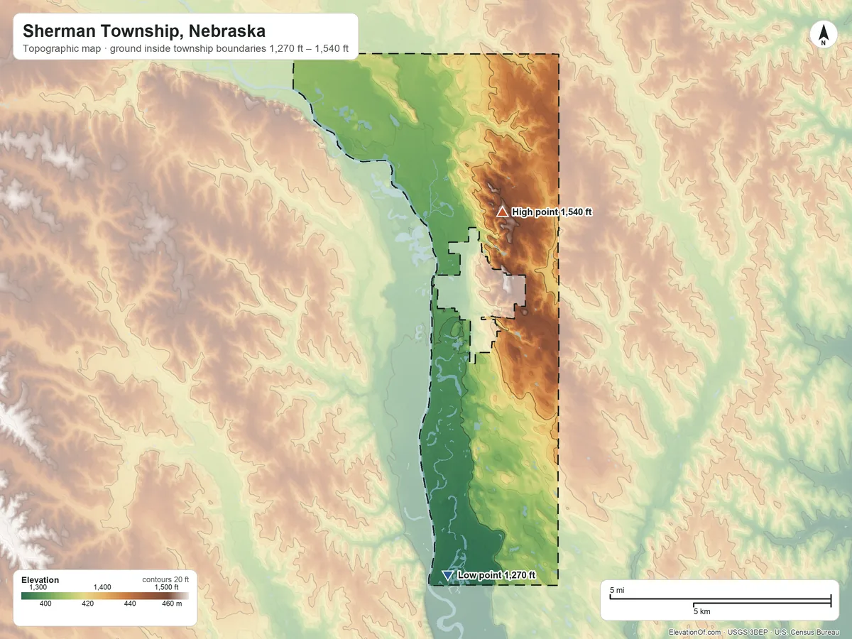 Topographic elevation map of Sherman Township, Nebraska, shaded from 1,270 ft on the south side to 1,540 ft on the north side