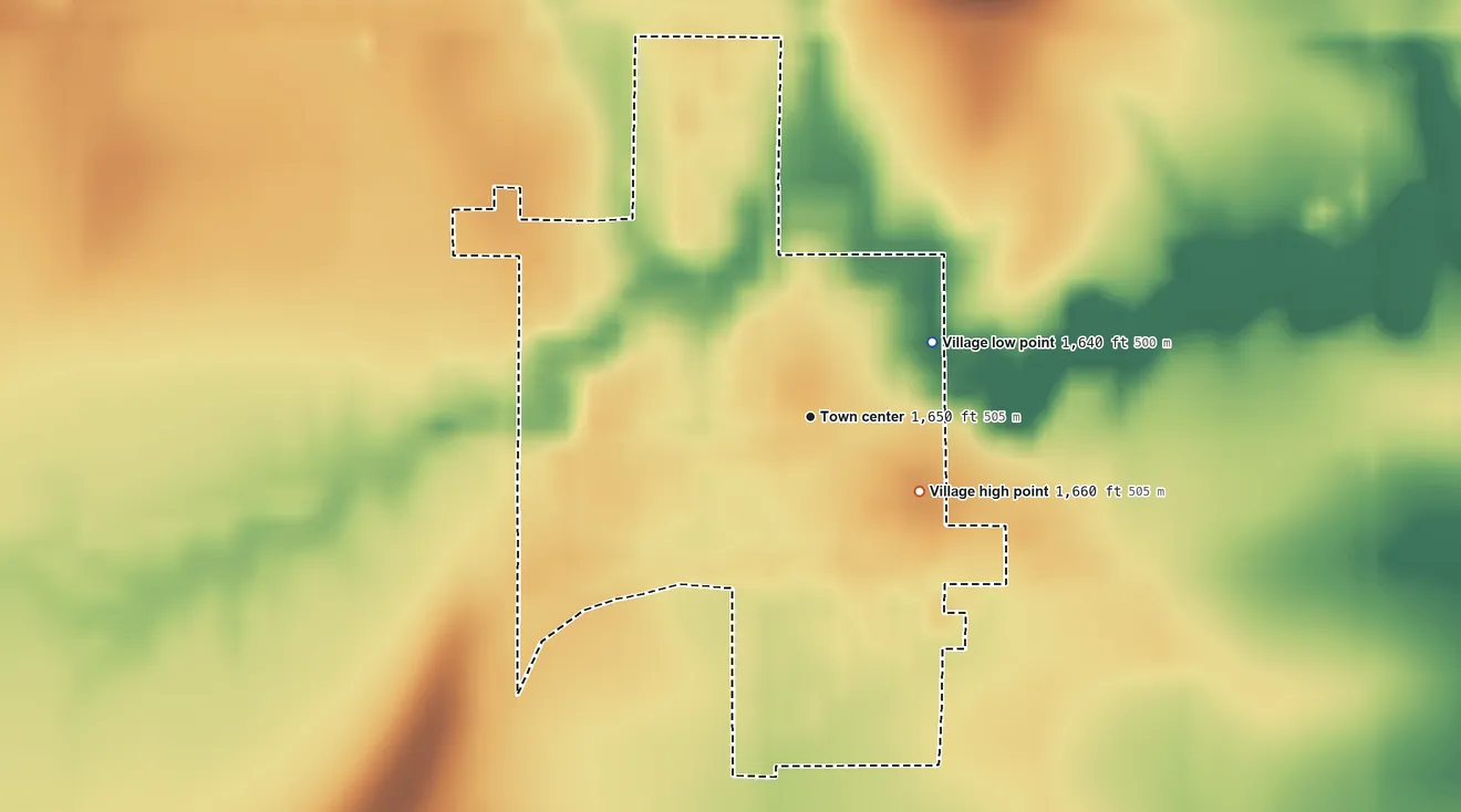 Topographic elevation map of Shickley, Nebraska, shaded from 1,640 ft on the northeast side to 1,660 ft on the southeast side